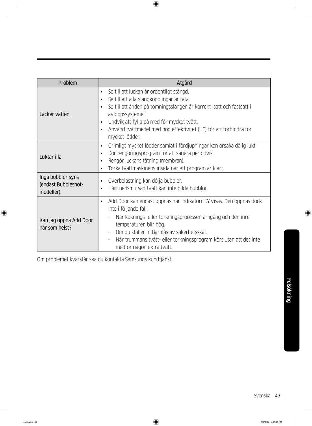 Samsung WW60J3283LW1EE manual Svenska 43  